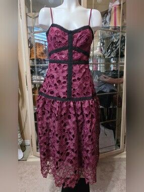 Just Me Strapless Plum Lace Midi Dress with Black Trim